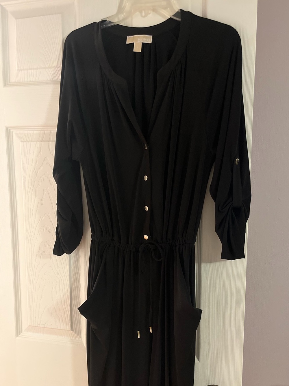 Michael Kors Black Long-Sleeve Drawstring Midi Dress
